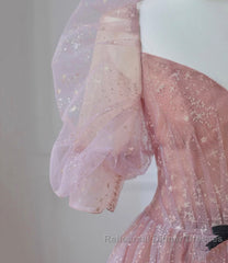 Pink Tulle Beautiful Puffy Sleeves Long Semi Formal Prom Dress, Pink A-Line Evening Dresses