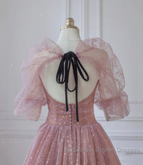 Pink Tulle Beautiful Puffy Sleeves Long Semi Formal Prom Dress, Pink A-Line Evening Dresses