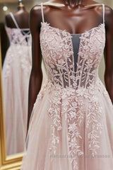 Pink tulle lace A line long Semi Formal Prom Dresses, pink lace evening Dresses