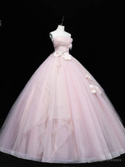 Pink Tulle Lace Applique Long Prom Dresses, Pink Sweet 16 Dresses