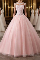 Pink tulle lace long Semi Formal Prom Dresses, pink tulle evening Dresses