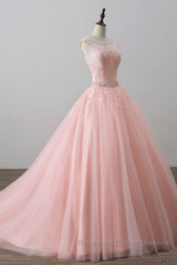 Pink tulle lace long Semi Formal Prom Dresses, pink tulle evening Dresses