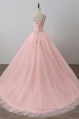 Pink tulle lace long Semi Formal Prom Dresses, pink tulle evening Dresses