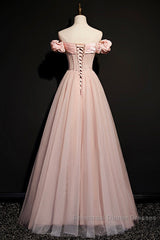 Pink Tulle Long A Line Semi Formal Prom Dress Pink Evening Dress