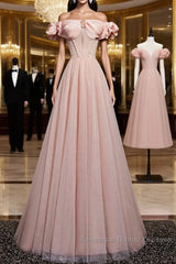Pink Tulle Long A Line Semi Formal Prom Dress Pink Evening Dress