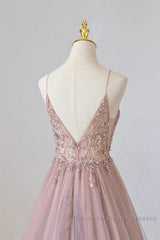 Pink Tulle Long A-Line Semi Formal Prom Dress, Pink Spaghetti Formal Dress With Beaded