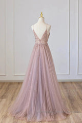 Pink Tulle Long A-Line Semi Formal Prom Dress, Pink Spaghetti Formal Dress With Beaded
