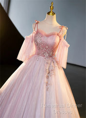 Pink Tulle Off Shoulder Beaded A-Line Semi Formal Prom Dress, Pink Tulle Long Party Dress
