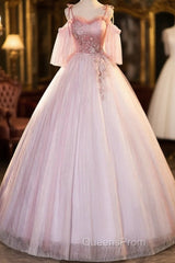 Pink Tulle Off Shoulder Sweetheart Long Formal Dress, Pink Beaded Sweet 16 Dress