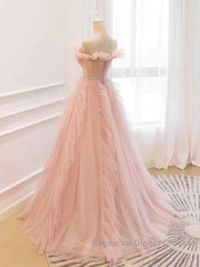Pink Tulle Ruffles Off The Shoulder Long Semi Formal Prom Dress
