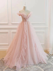 Pink Tulle Ruffles Off The Shoulder Long Semi Formal Prom Dress