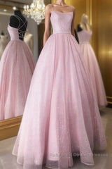 Pink tulle sequin long Semi Formal Prom Dresses pink tulle formal Dresses