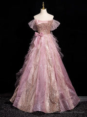Pink Tulle Sequins Beading Bow Prom Dress