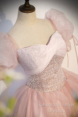 Pink Tulle Sequins Long Semi Formal Prom Dress, Lovely A-Line Short Sleeve Evening Party Dress