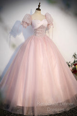 Pink Tulle Sequins Long Semi Formal Prom Dress, Lovely A-Line Short Sleeve Evening Party Dress