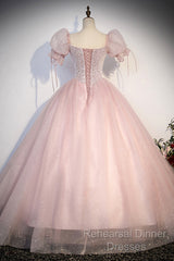 Pink Tulle Sequins Long Semi Formal Prom Dress, Lovely A-Line Short Sleeve Evening Party Dress