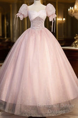 Pink Tulle Sequins Long Semi Formal Prom Dress, Lovely A-Line Short Sleeve Evening Party Dress