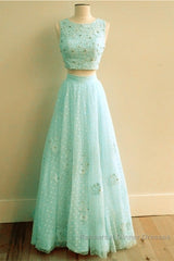 Pink Tulle Two Piece Semi Formal Prom Dresses Lace Crop