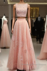 Pink Tulle Two Piece Semi Formal Prom Dresses Lace Crop