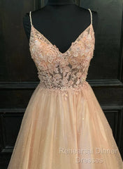 Pink Tulle With Lace Applique Beaded V-Neckline Semi Formal Prom Dress, Pink Long Party Dress