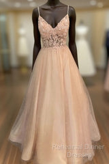 Pink Tulle With Lace Applique Beaded V-Neckline Semi Formal Prom Dress, Pink Long Party Dress