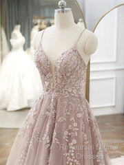 Pink Tulle With Lace Applique Low Back Semi Formal Prom Dress, Pink A-Line Tulle Party Dress