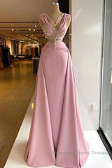 Pink V-Neck Fitted Satin Lace Long Semi Formal Prom Dress