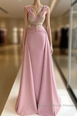 Pink V-Neck Fitted Satin Lace Long Semi Formal Prom Dress