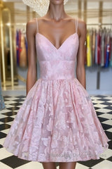Pink v neck lace short Semi Formal Prom Dresses, pink lace homecoming Dresses
