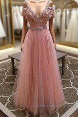 Pink V Neck Lace Tulle Long Semi Formal Prom Dress, Pink Evening Dress