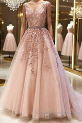 Pink V Neck Long Lace Semi Formal Prom Dresses, Pink V Neck Long Lace Formal Evening Dresses