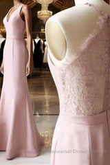 Pink v neck satin lace long Semi Formal Prom Dresses, lace bridesmaid Dresses
