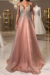 Pink v neck tulle beads long Semi Formal Prom Dresses pink evening Dresses