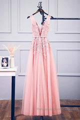 Pink V Neck Tulle Lace Applique Long Semi Formal Prom Dress, Pink Bridesmaid Dress