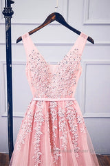 Pink V Neck Tulle Lace Applique Long Semi Formal Prom Dress, Pink Bridesmaid Dress