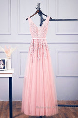 Pink V Neck Tulle Lace Applique Long Semi Formal Prom Dress, Pink Bridesmaid Dress
