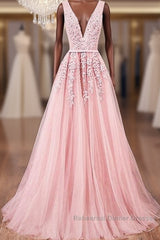 Pink V Neck Tulle Lace Applique Long Semi Formal Prom Dress, Pink Bridesmaid Dress