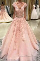 Pink v neck tulle lace applique long Semi Formal Prom Dresses, pink tulle evening Dresses
