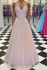 Pink v neck tulle sequin long Semi Formal Prom Dresses pink tulle formal Dresses
