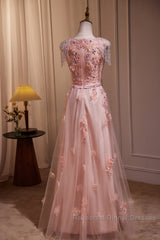 Pink V-Neckline Tulle Beaded With Lace Applique Semi Formal Prom Dress, Pink Party Dress