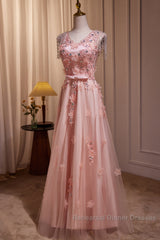 Pink V-Neckline Tulle Beaded With Lace Applique Semi Formal Prom Dress, Pink Party Dress