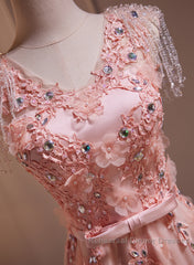 Pink V-Neckline Tulle Beaded With Lace Applique Semi Formal Prom Dress, Pink Party Dress