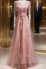 Pink V-Neckline Tulle Beaded With Lace Applique Semi Formal Prom Dress, Pink Party Dress