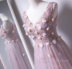 Pink V-Neckline Tulle With Flowers Beaded Long Party Dress, Junior Semi Formal Prom Dresses