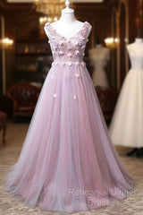 Pink V-Neckline Tulle With Flowers Beaded Long Party Dress, Junior Semi Formal Prom Dresses