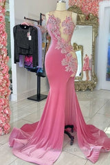 Pink Velvet Applique Beaded Semi Formal Prom Dresses, Sexy Mermaid Slit Evening Dresses
