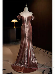 Pleat Trumpet Mermaid Coffee Sequin Semi Formal Prom Dress With Slit