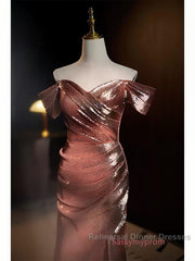 Pleat Trumpet Mermaid Coffee Sequin Semi Formal Prom Dress With Slit