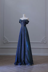 Pretty A Line Off The Shoulder Blue Sequin Long Semi Formal Prom Dresses Evening Gowns