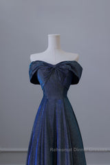 Pretty A Line Off The Shoulder Blue Sequin Long Semi Formal Prom Dresses Evening Gowns